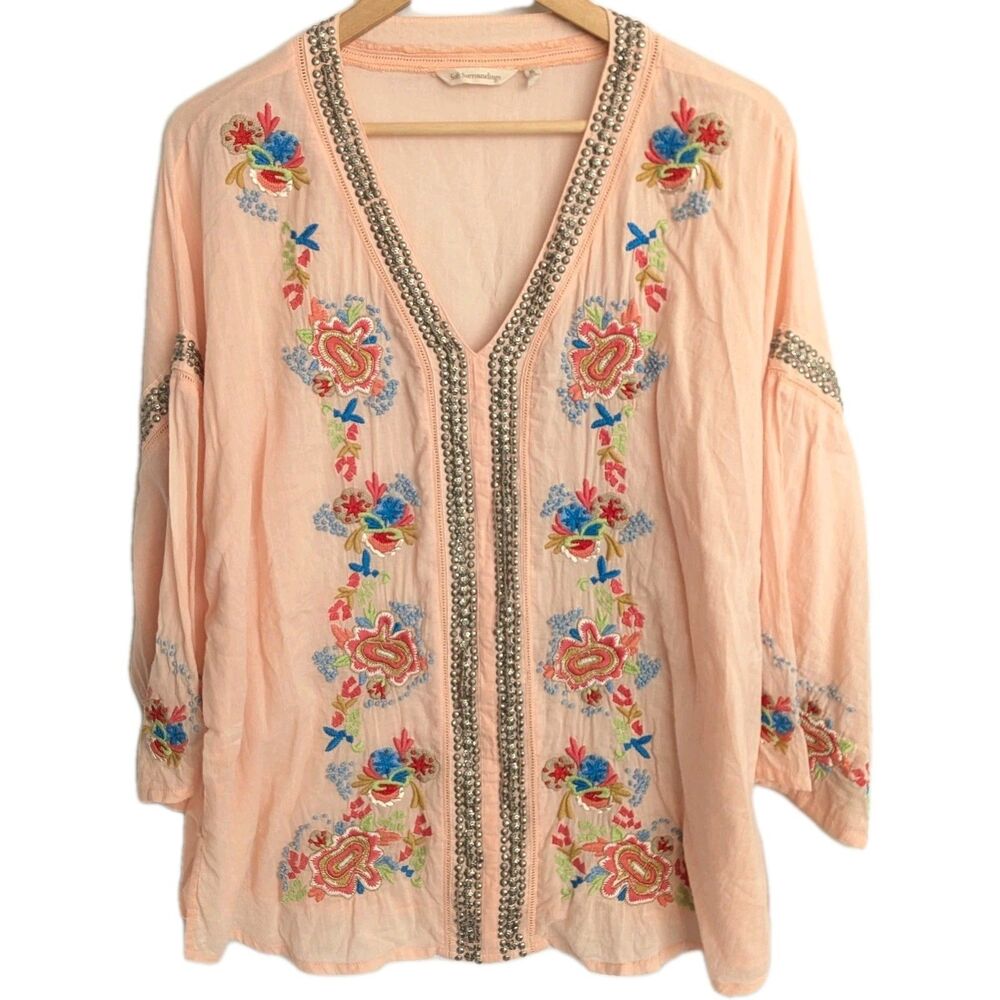 Soft Surroundings Embroidery &  Beads Blouse Top Sz XL Peach Floral Button Top